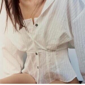 Zara White Black Pinstripe Layered Corset Style Button Front Blouse Small Office
